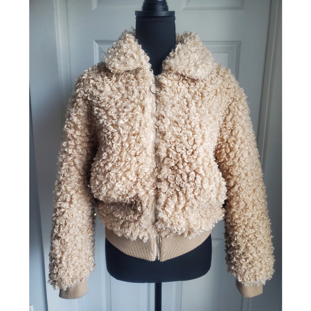 Moon River Cream Curly Faux-Shearling Bomber Jacket